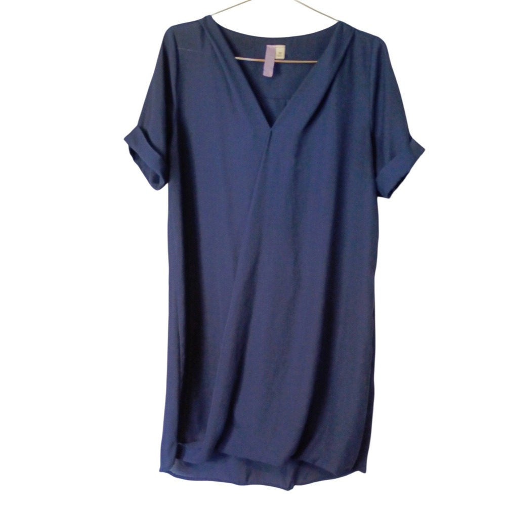 Aliya Blue Draped V-Neck Short Sleeve Shift Dress Cuffed Relaxed Fit Medium